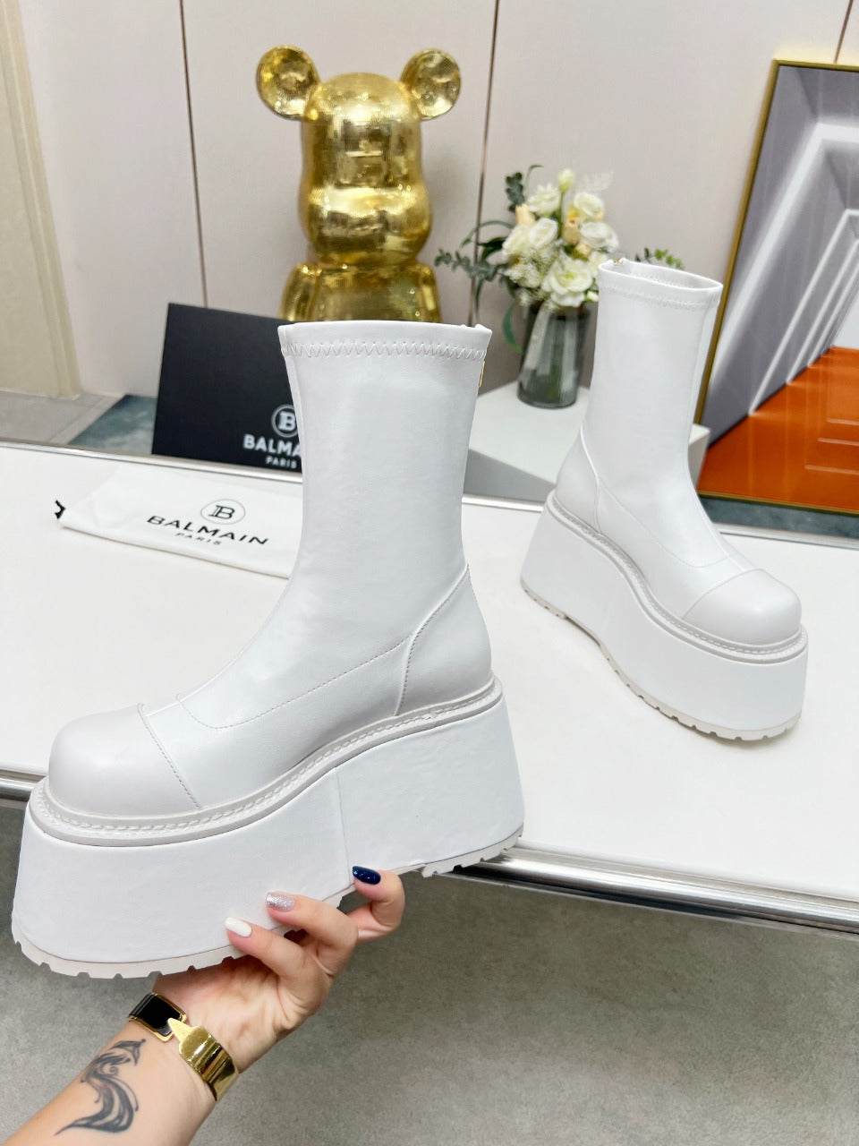 BALMAIN 26S PLATFORM BOOTS 100 MM IN WHITE CALFSKIN