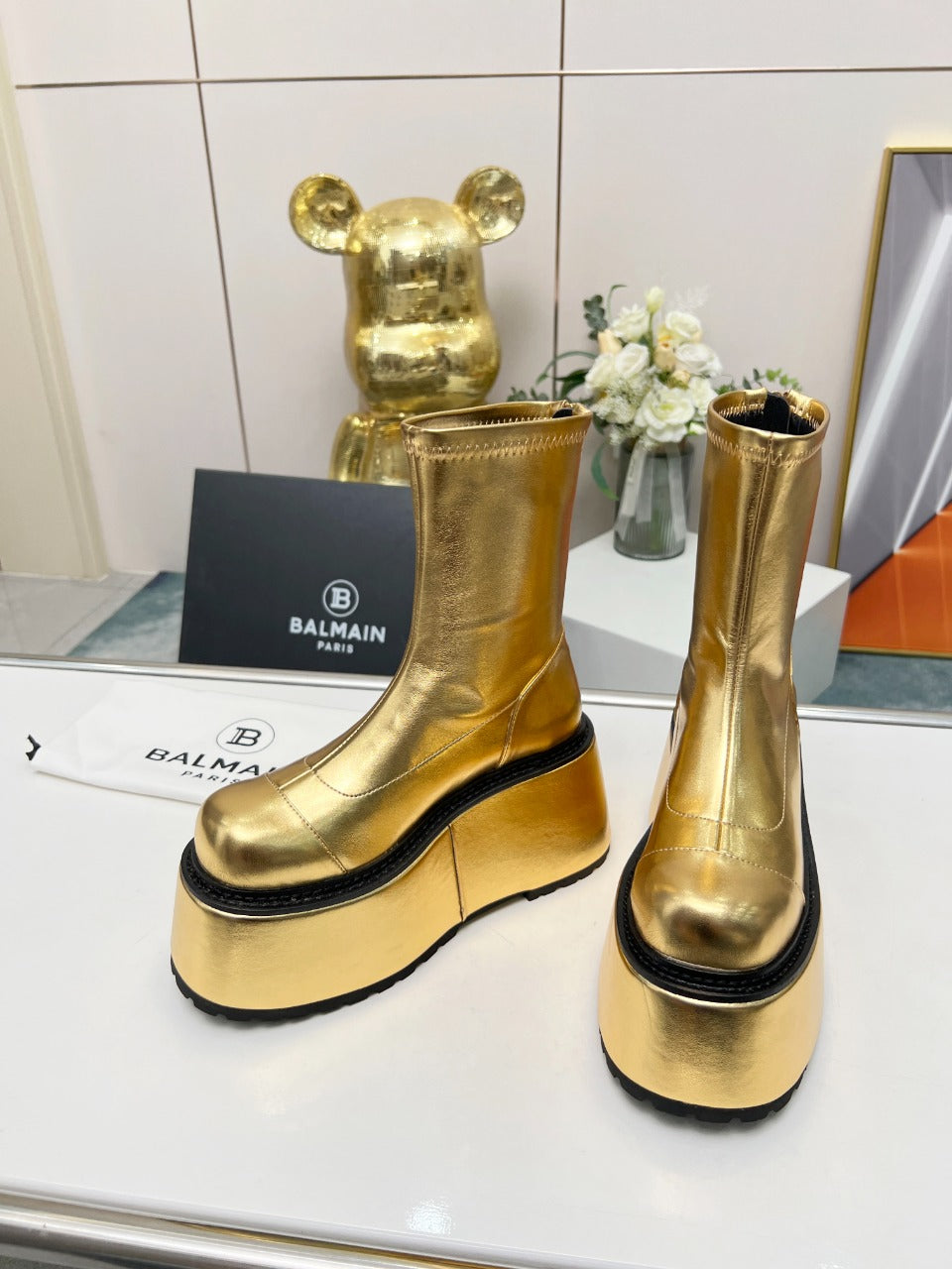 BALMAIN 26S PLATFORM BOOTS 100 MM IN GOLD METALLIC CALFSKIN