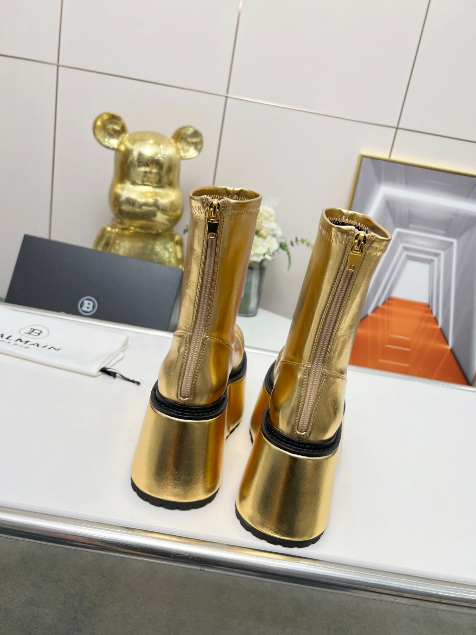 BALMAIN 26S PLATFORM BOOTS 100 MM IN GOLD METALLIC CALFSKIN