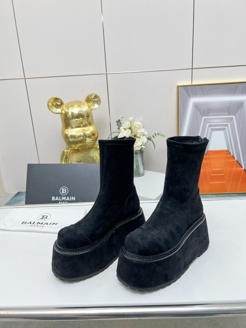 BALMAIN 26S PLATFORM BOOTS 100 MM IN BLACK SUEDE