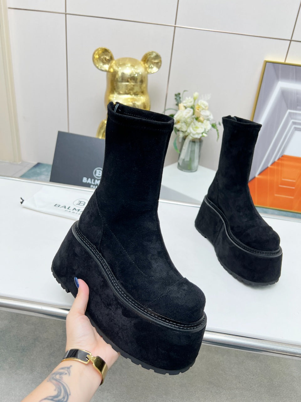 BALMAIN 26S PLATFORM BOOTS 100 MM IN BLACK SUEDE