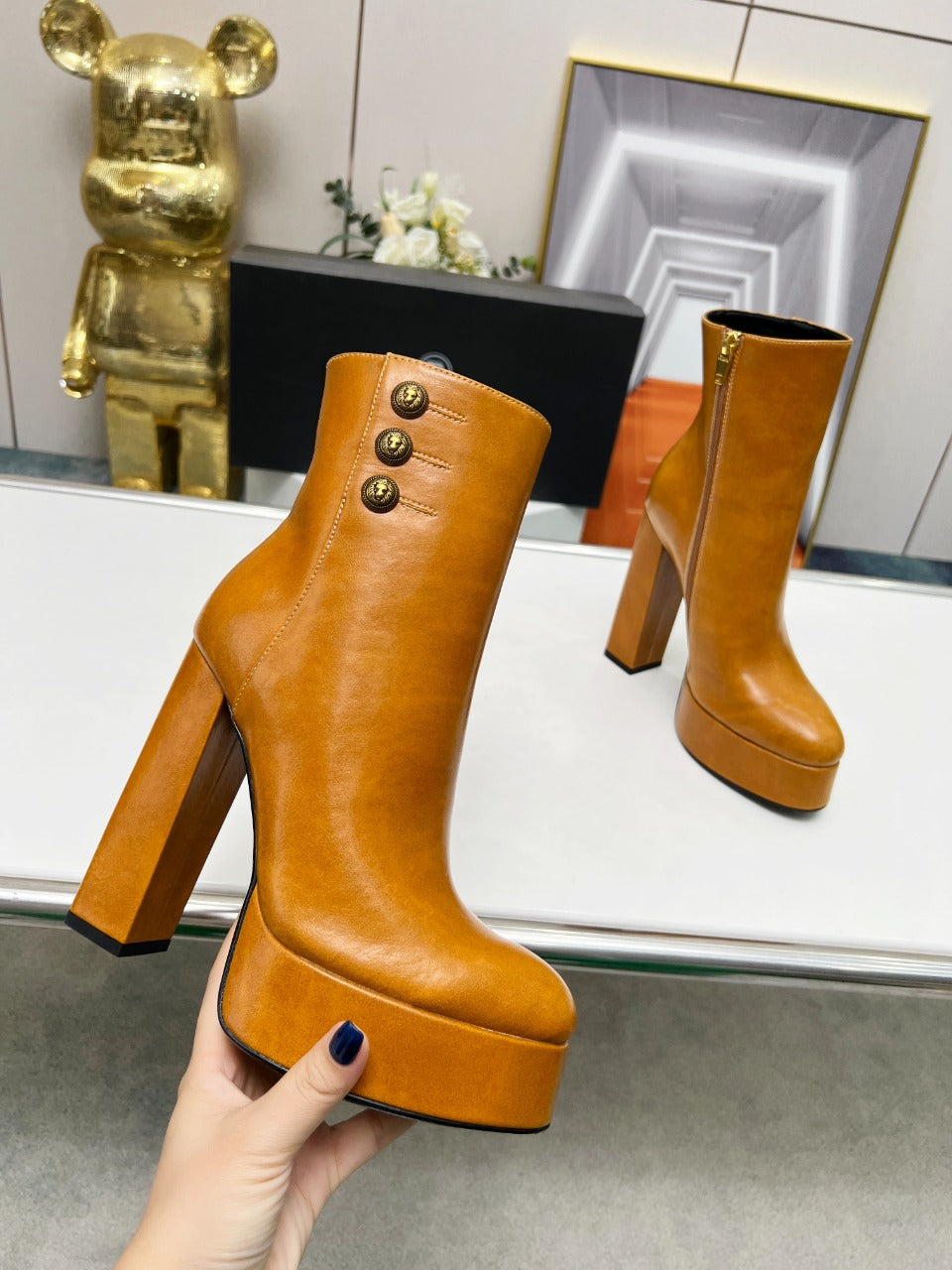 BALMAIN 26S BOOTS 135 MM IN BROWN CALFSKIN