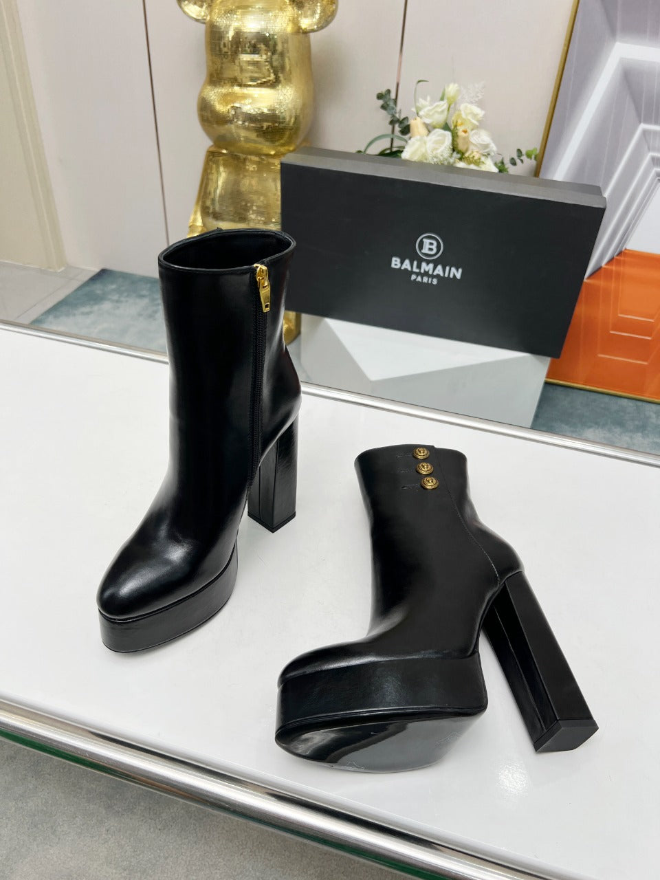 BALMAIN 26S BOOTS 135 MM IN BLACK CALFSKIN