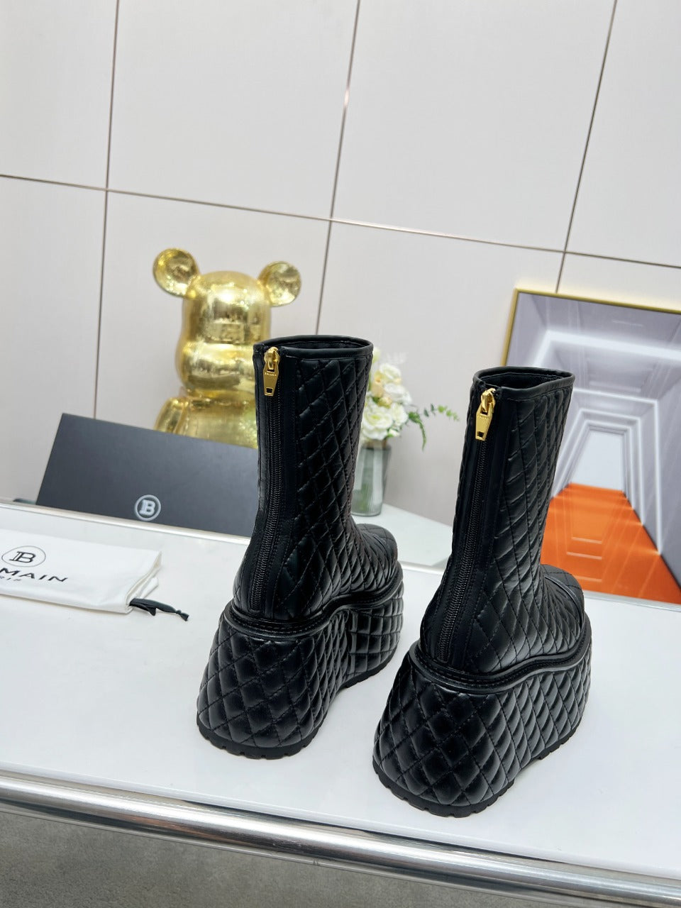 BALMAIN 26S PLATFORM BOOTS 100 MM IN BLACK LAMBSKIN