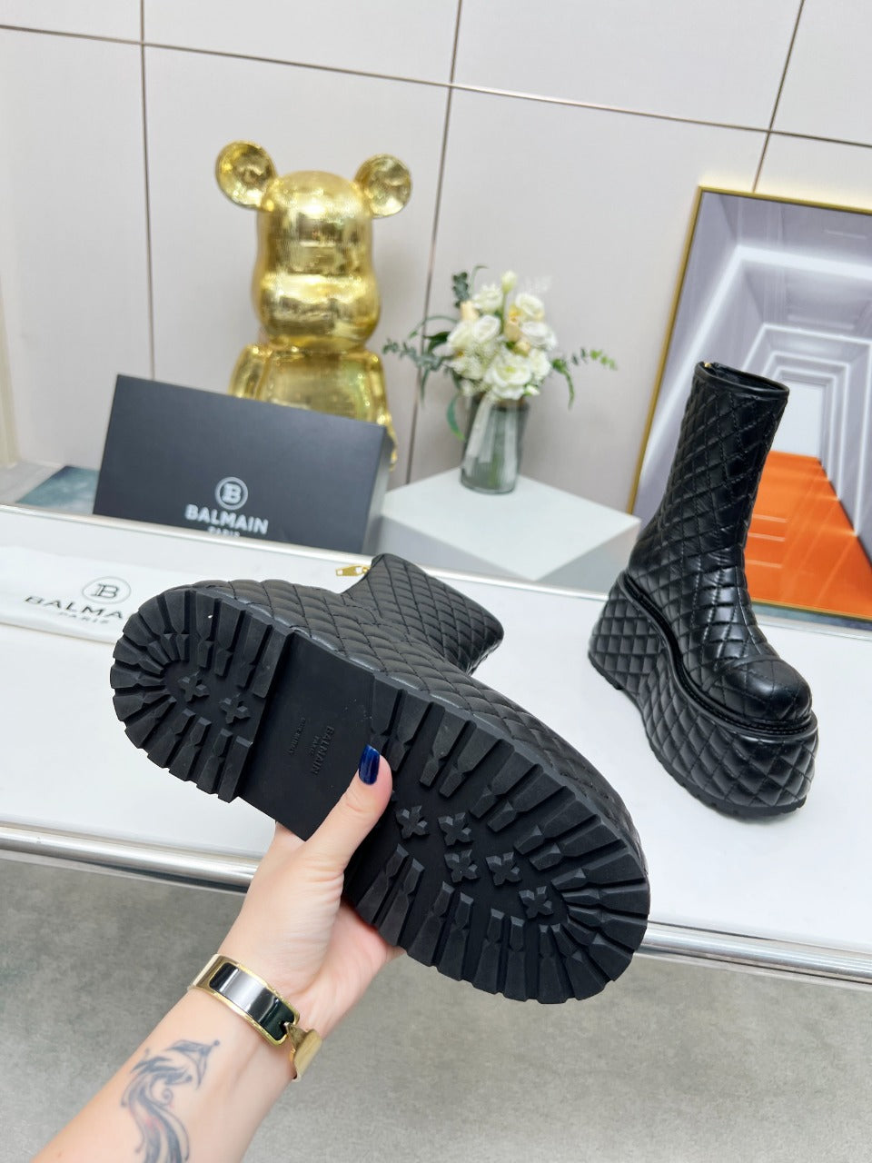 BALMAIN 26S PLATFORM BOOTS 100 MM IN BLACK LAMBSKIN