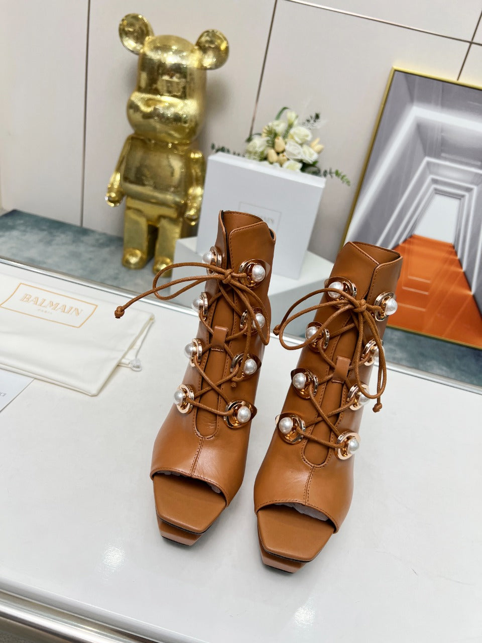 BALMAIN 26S OPEN-TOE BOOTS 115 MM IN BROWN CALFSKIN PEARL-EMBELLISHED