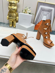 BALMAIN 26S OPEN-TOE BOOTS 115 MM IN BROWN CALFSKIN PEARL-EMBELLISHED