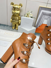 BALMAIN 26S OPEN-TOE BOOTS 115 MM IN BROWN CALFSKIN PEARL-EMBELLISHED