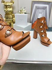 BALMAIN 26S OPEN-TOE BOOTS 115 MM IN BROWN CALFSKIN PEARL-EMBELLISHED