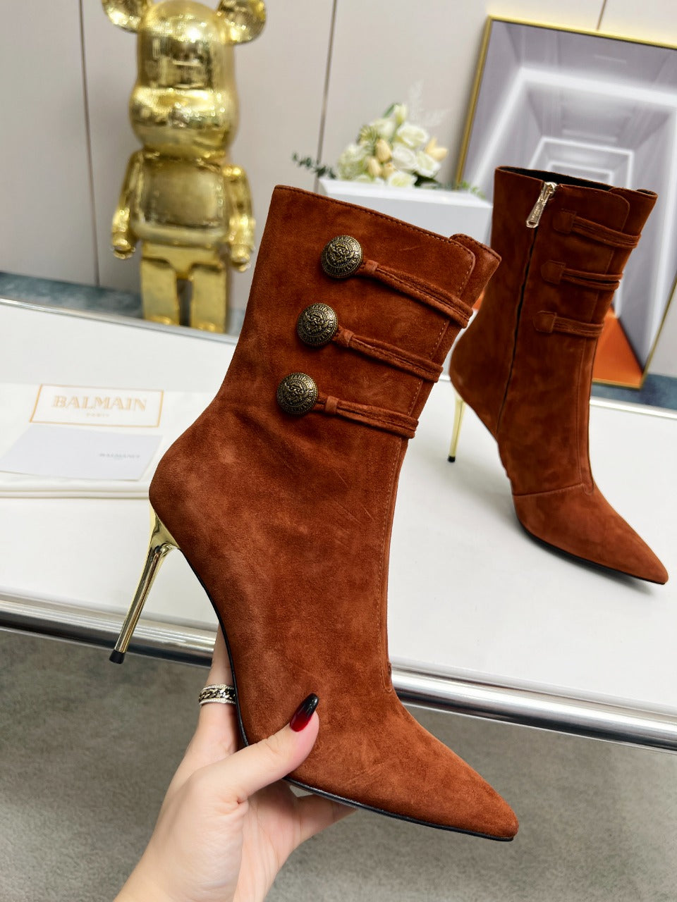 BALMAIN 26S HIGH-HEEL BOOTS 95 MM IN BROWN SUEDE