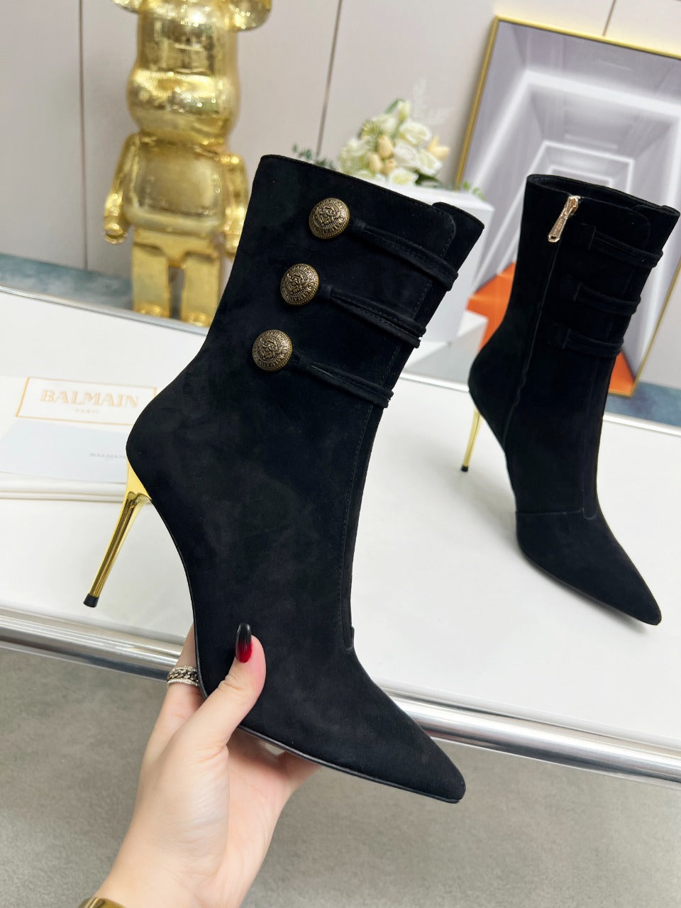 BALMAIN 26S HIGH-HEEL BOOTS 95 MM IN BLACK SUEDE