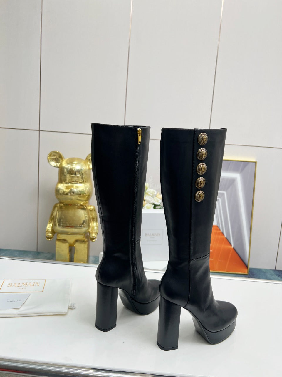 BALMAIN 26S HIGH BOOTS 115 MM IN BLACK CALFSKIN