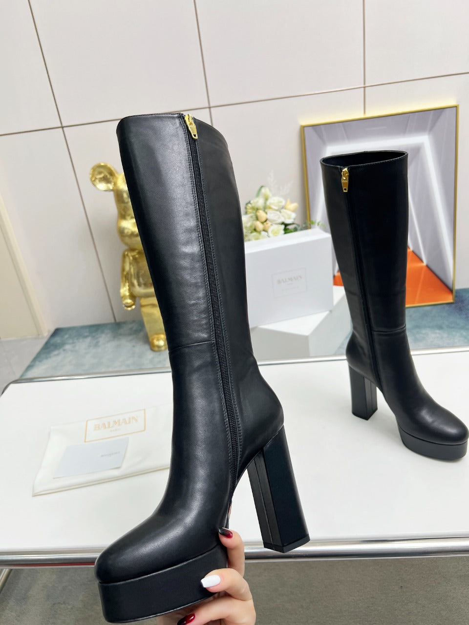 BALMAIN 26S HIGH BOOTS 115 MM IN BLACK CALFSKIN