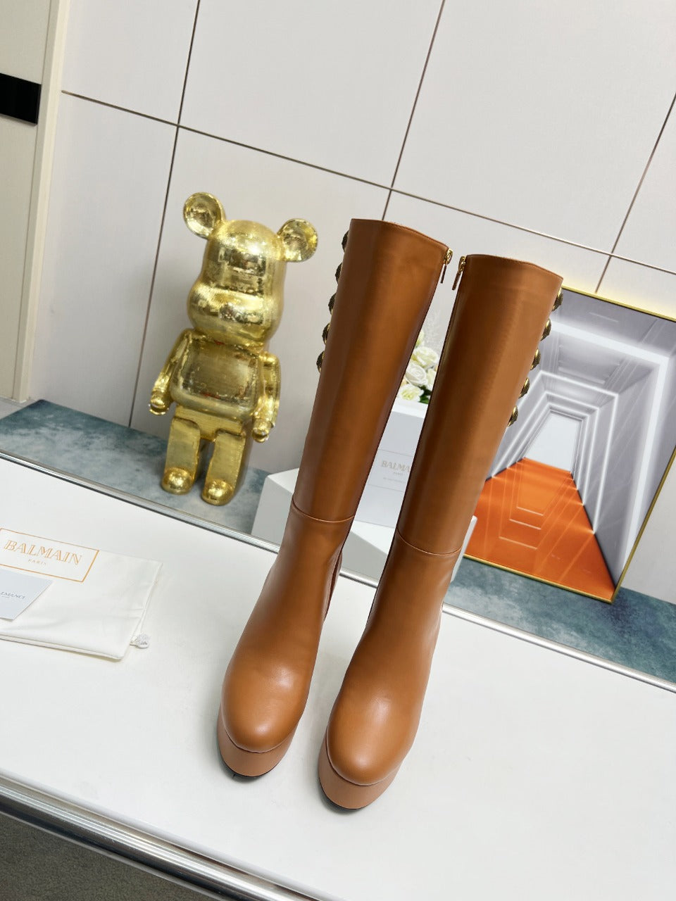 BALMAIN 26S HIGH BOOTS 115 MM IN BROWN CALFSKIN