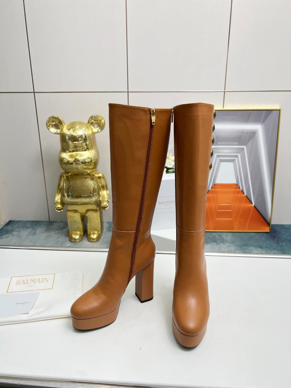 BALMAIN 26S HIGH BOOTS 115 MM IN BROWN CALFSKIN