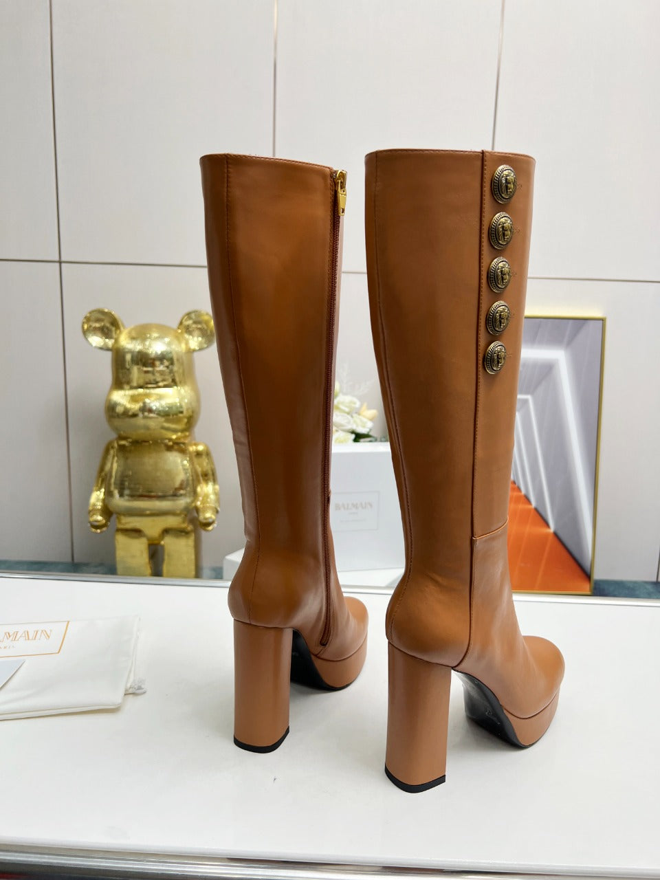 BALMAIN 26S HIGH BOOTS 115 MM IN BROWN CALFSKIN