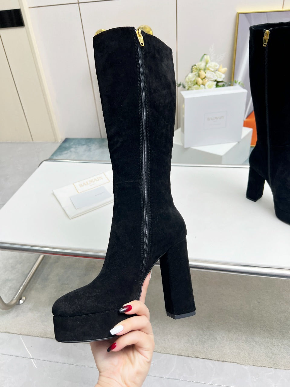 BALMAIN 26S HIGH BOOTS 115 MM IN BLACK SUEDE