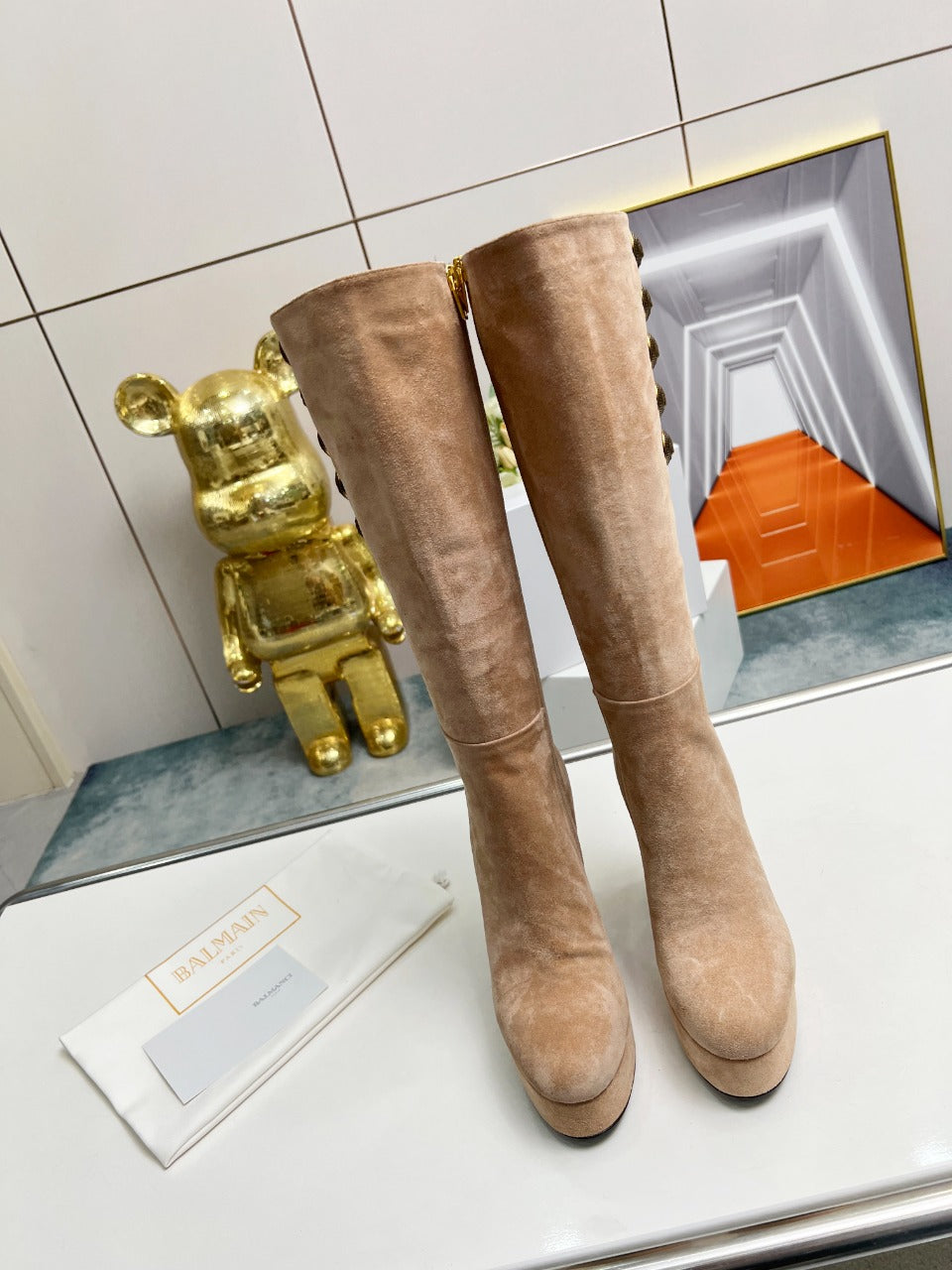 BALMAIN 26S HIGH BOOTS 115 MM IN WARM BEIGE SUEDE