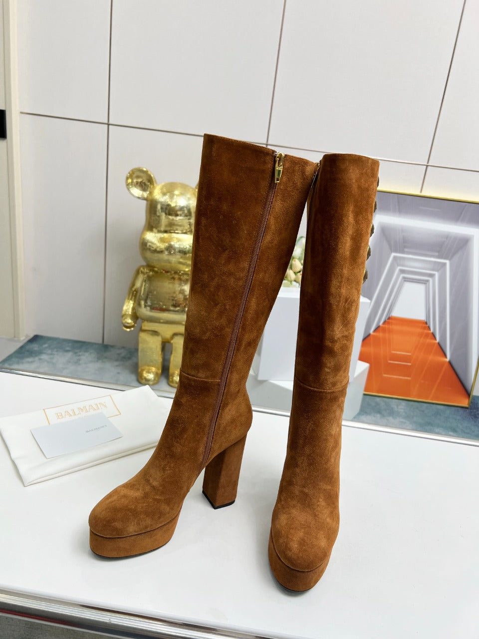 BALMAIN 26S HIGH BOOTS 115 MM IN BROWN SUEDE