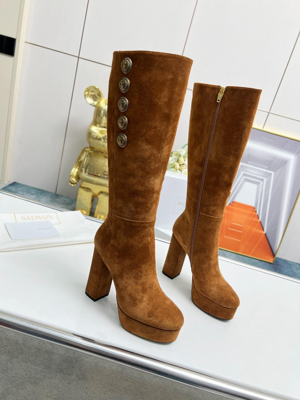 BALMAIN 26S HIGH BOOTS 115 MM IN BROWN SUEDE