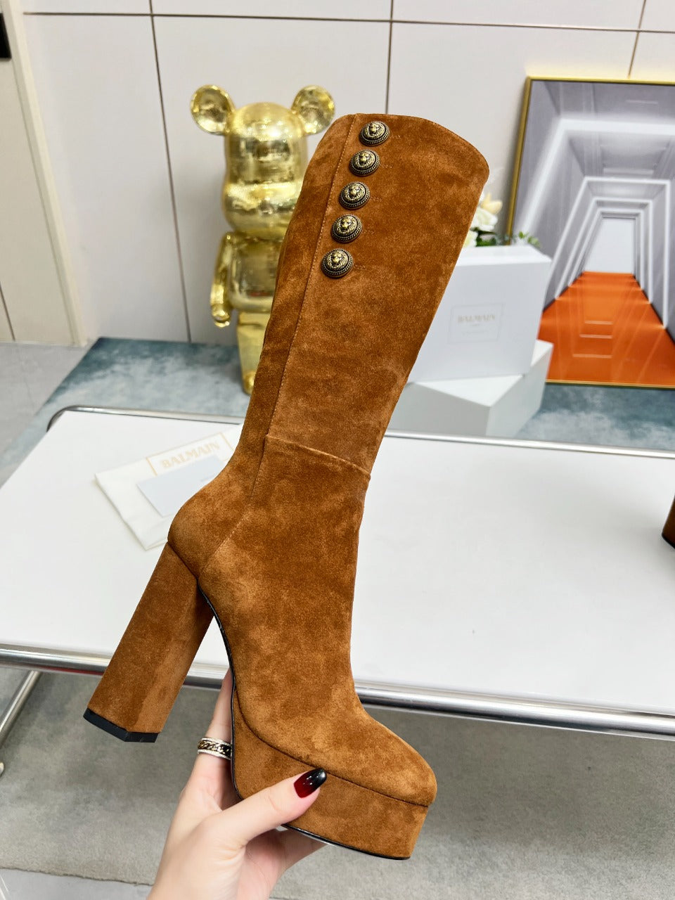 BALMAIN 26S HIGH BOOTS 115 MM IN BROWN SUEDE