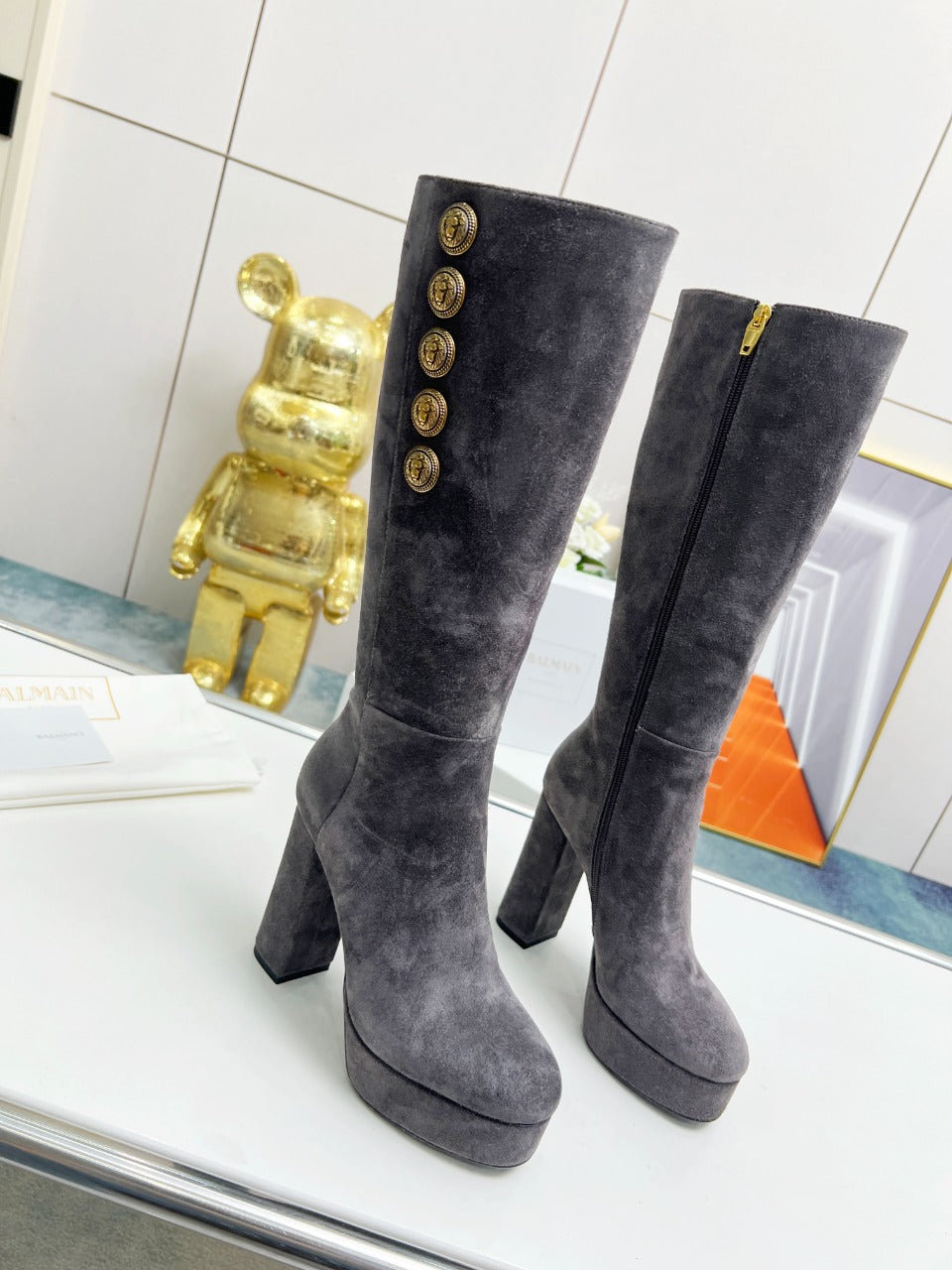 BALMAIN 26S HIGH BOOTS 115 MM IN DARK GREY SUEDE