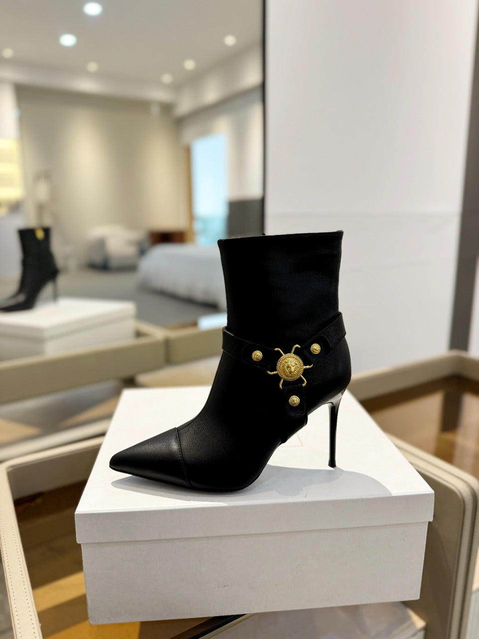 BALMAIN 26S STILETTO HEEL BOOTS 95 MM IN BLACK CALFSKIN